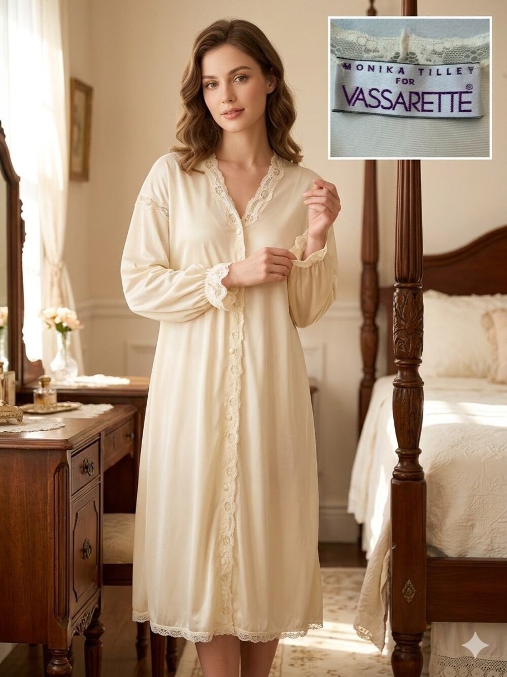 VTG Monika Tilley Vassarette Nylon Nightgown Robe Cream Lace Small Cottagecore